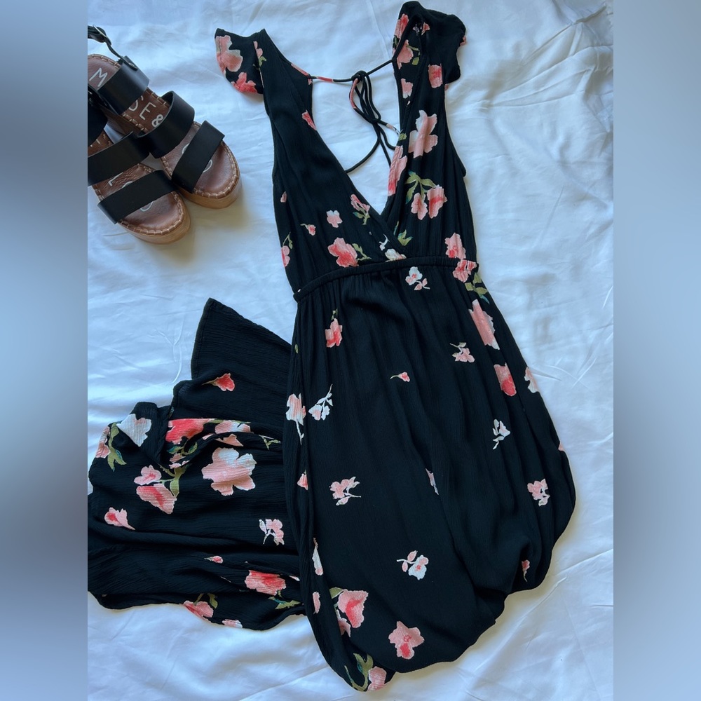 Billabong Wind Flutter Maxi Floral Black Side Slit Sun Dress Size Small